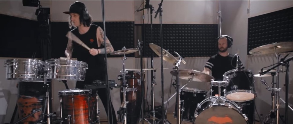 Kill The Kong Dead Spirit live studio recording session, photo showing percussionist and drummer playing in music studio.